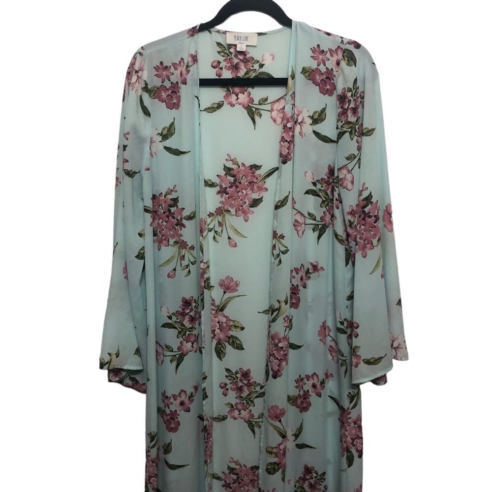 Peach Love California Long Maxi Kimono Cover-up Floral Bell Sleeve Size Small - Picture 4 of 11
